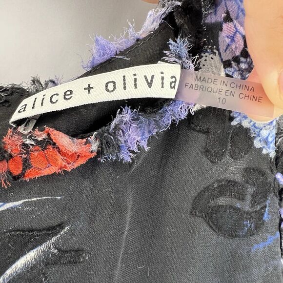 Alice + Olivia Size 10 Nichola Black Blue Red Cold Shoulder Ruffled Floral Dress - Picture 9 of 16